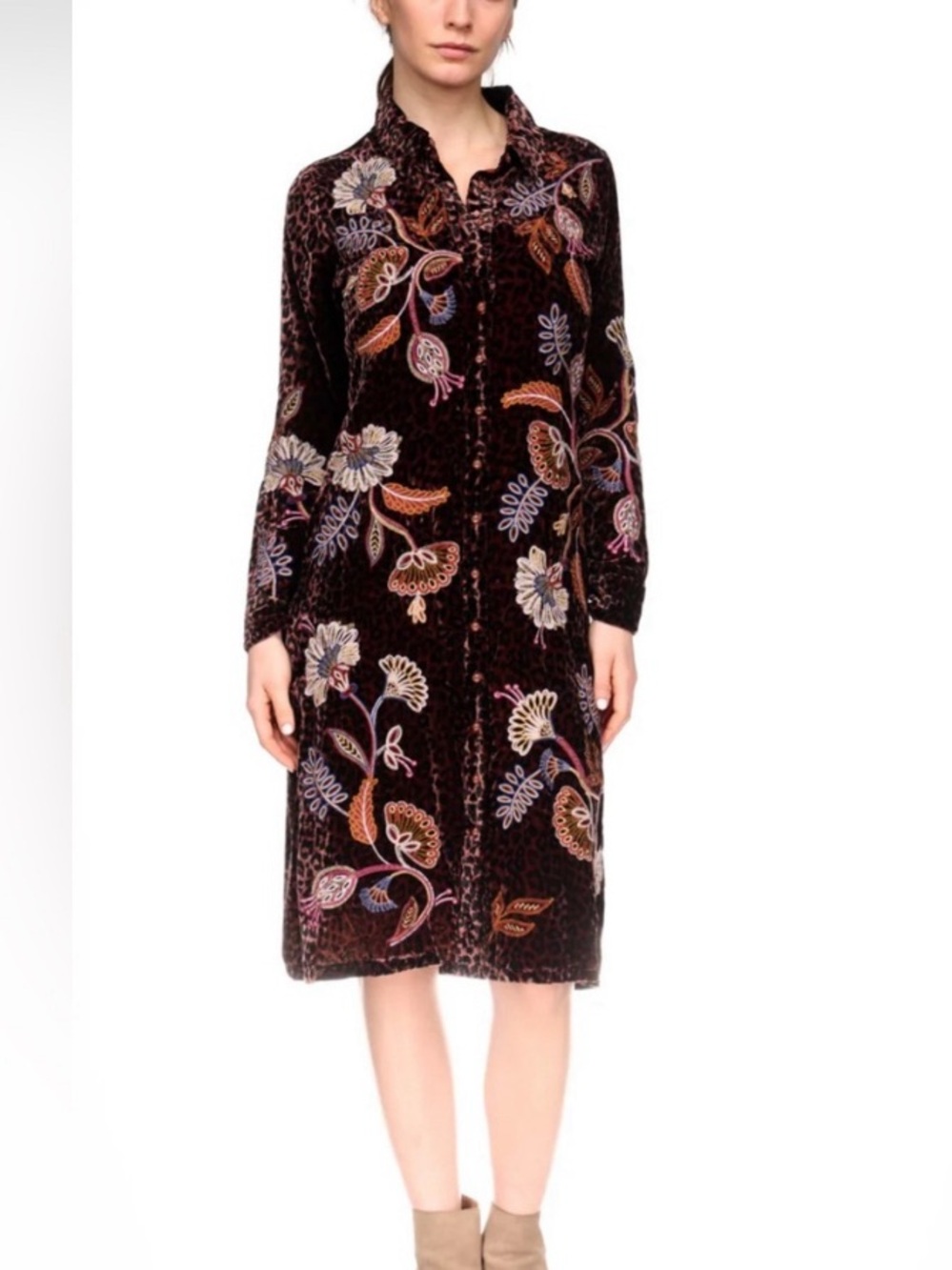 NWT Johnny Was Brown Velvet Embroidered Gineva Shirt Dress - Picture 6 of 6
